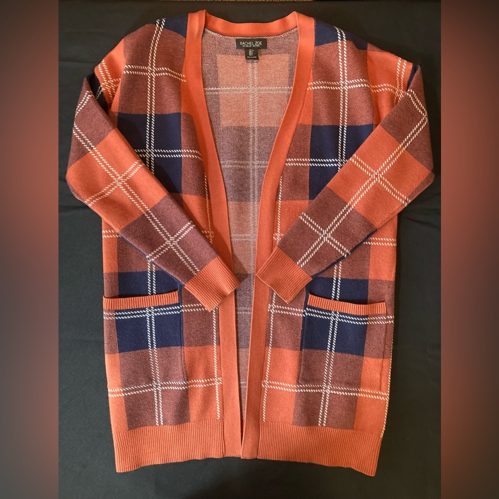 Rachel Zoe Women’s Orange and Navy Plaid Open Cardigan Sweater Sz S